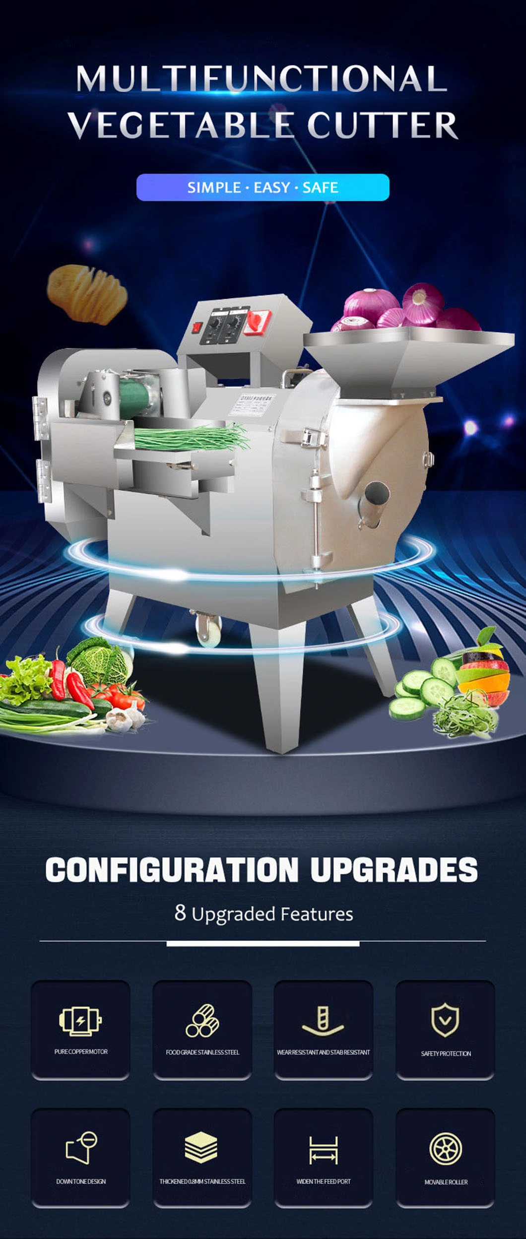 3-Head Multifunctional Large Electric Vegetable Cutter Machine with 3 Blade Sets